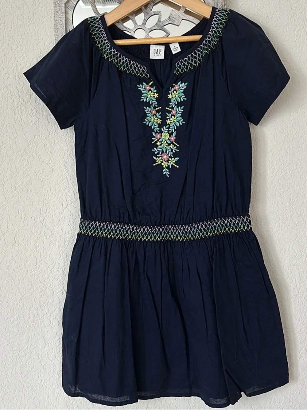 GAP • Girls Small Navy Floral Embroidered Boho Short Sleeve Dress